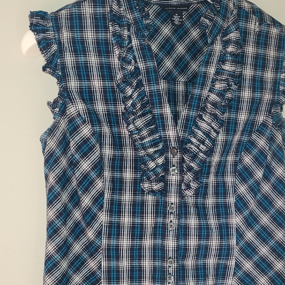 Blue Plaid Ruffle Blouse